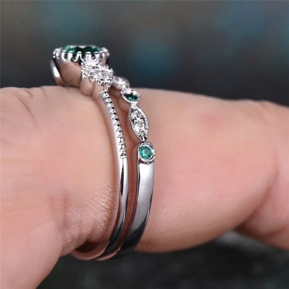*NEW 925 Sterling Silver Emerald Diamond Ring Set - Picture 2 of 4